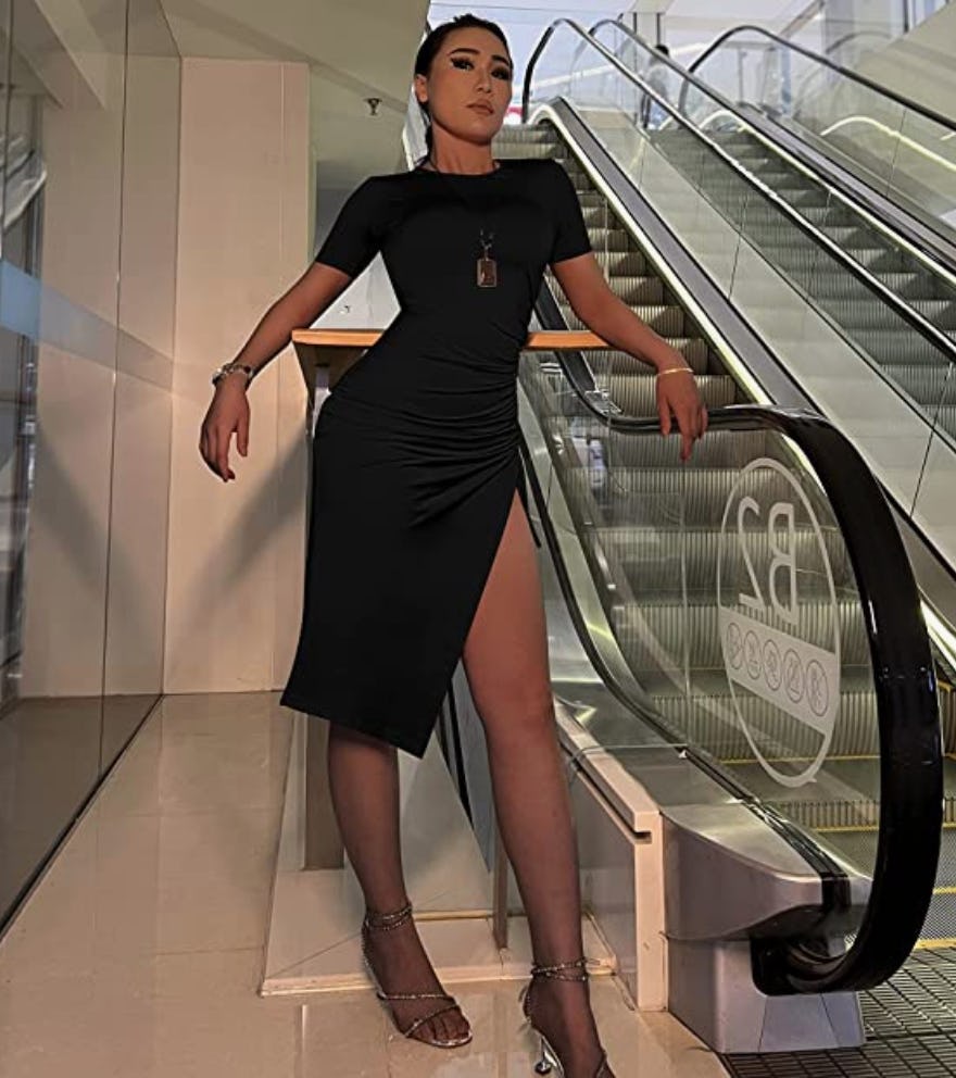 GOKATOSAU Slit Ruched Bodycon Midi Dress