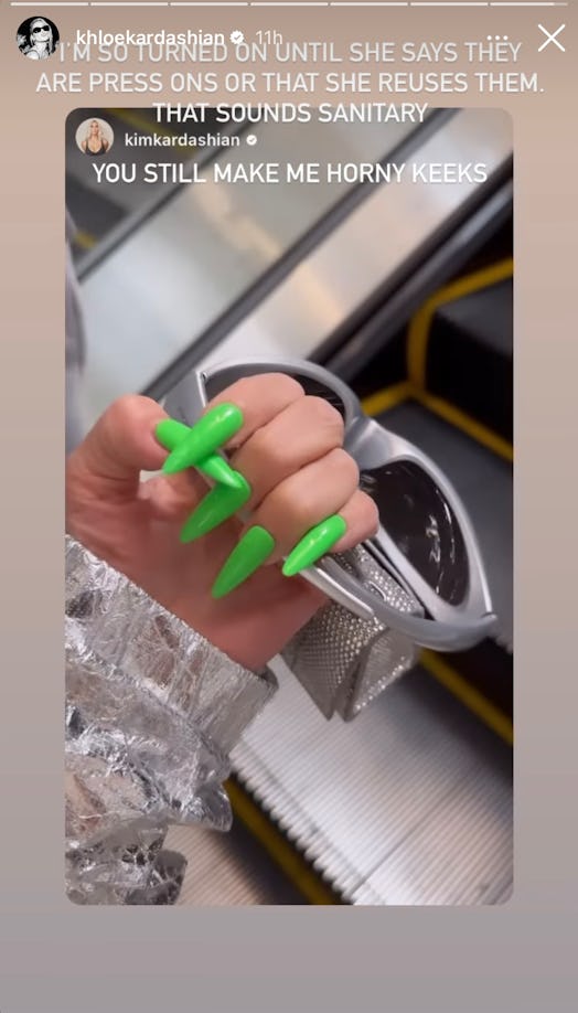 Kim Kardashian wore neon green stiletto nails that were press ons for the SKKN By Kim holiday pop-up…