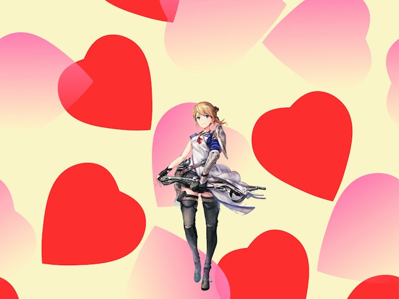 Harvestella protagonist on a background of hearts