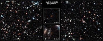 Two images show the bright splotches that represent two galaxies from the early Universe. To their l...