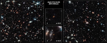 Two images show the bright splotches that represent two galaxies from the early Universe. To their l...