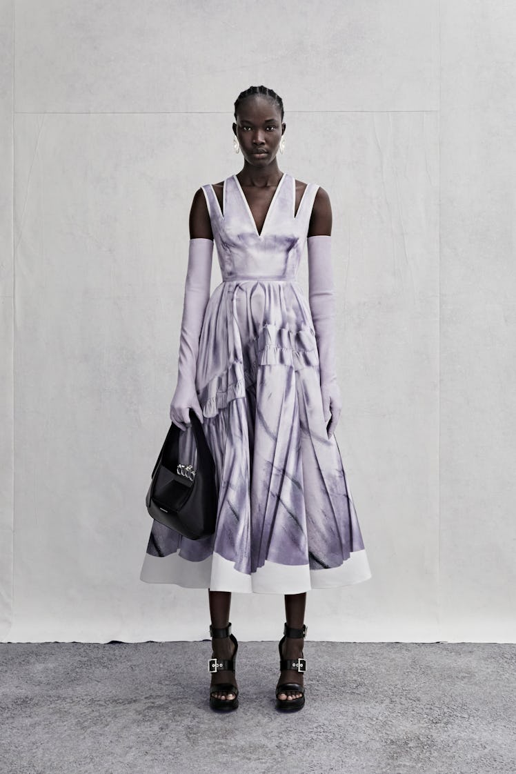 Alexander McQueen lavender dress worn by a female model