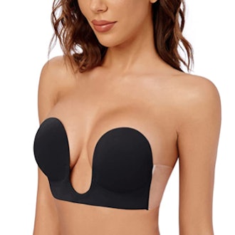 This backless, strapless self-adhesive bra has a deep plunge for dresses with daring necklines.