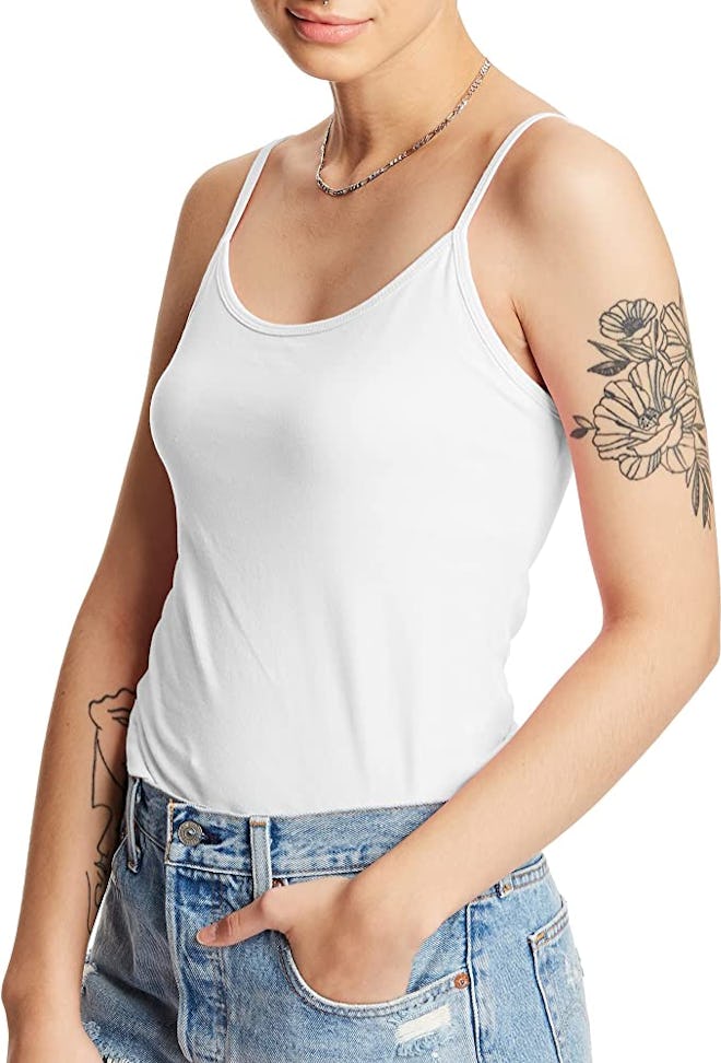 This Hanes tank with built-in bra pairs well with pajamas shorts.