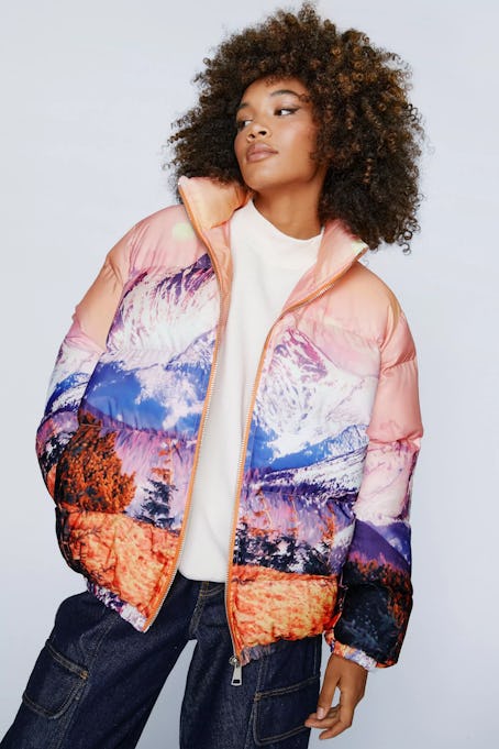 Dopamine dress for a woodsy getaway with the Landscape Print Padded Jacket from Nasty Gal