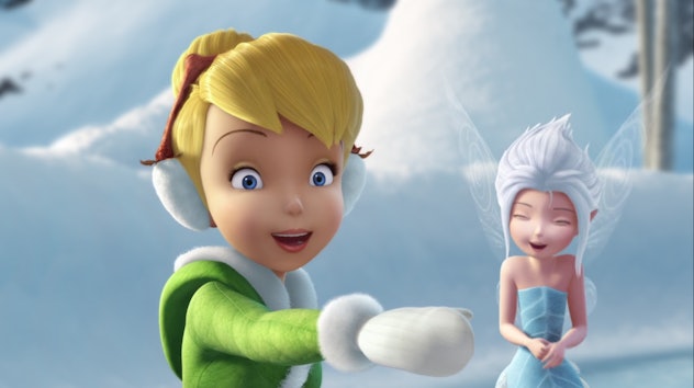 Tinker Bell and Periwinkle laugh in a winter wonderland.