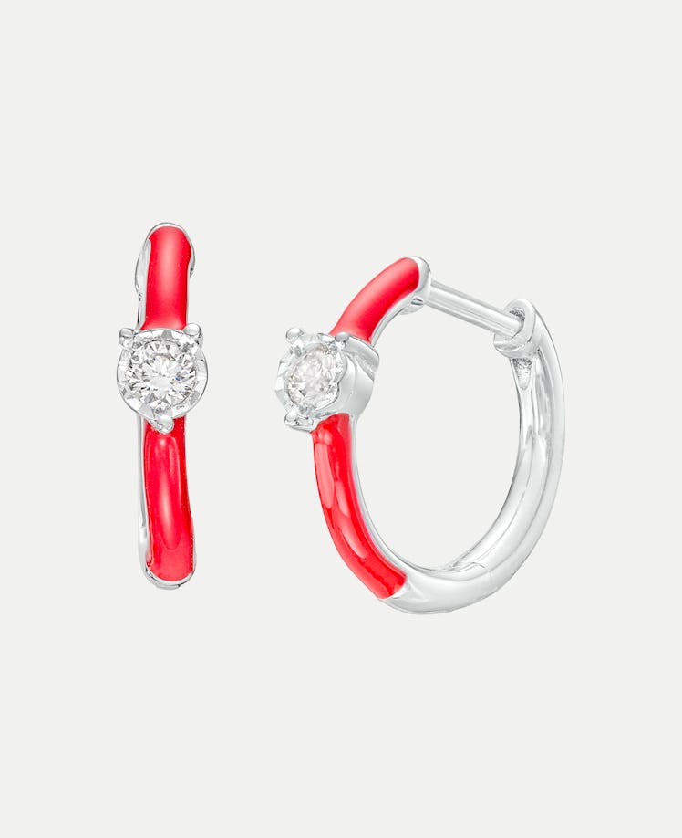 Diamond Solitaire Red Enamel Hoop Earrings