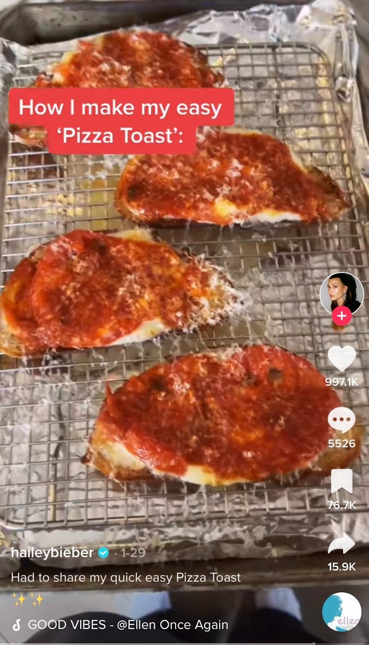 Hailey Bieber shares how to make Hailey Bieber's pizza toast on TikTok.