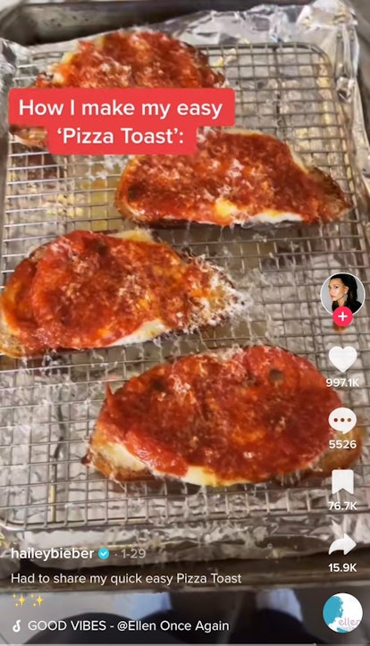 Hailey Bieber shares how to make Hailey Bieber's pizza toast on TikTok.