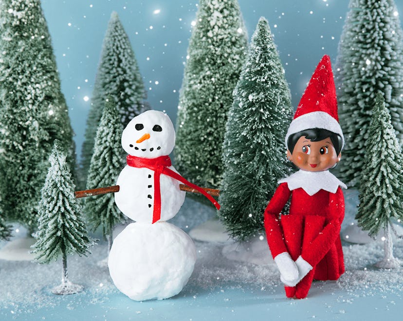 an elf on the shelf sitting in a winter scene in an article about elf on the shelf rules. 