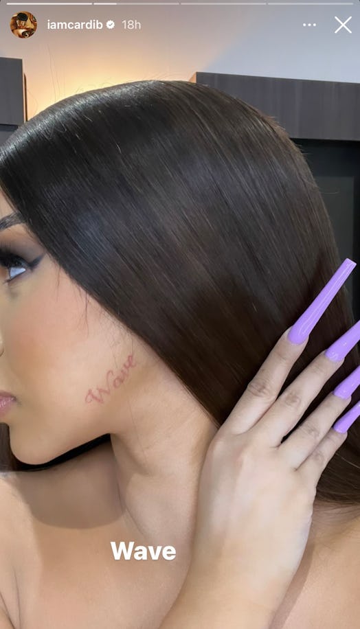 Cardi B has a face tattoo in honor of her son Wave. The rapper's red face ink debuted in 2022 and Ca...