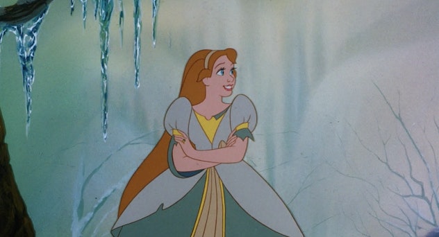 Thumbelina singing among snow and ice.