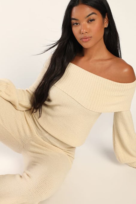Dopamine dress for the holidays with the Cuddle Chic Ivory Knit Off-the-Shoulder Sweater Top from Lu...
