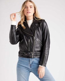 Dopamine Dress for a visit to your hometown with the 100% Leather Motorcycle Jacket from Quince