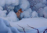 Bambi pokes his head out of his home to see snow.