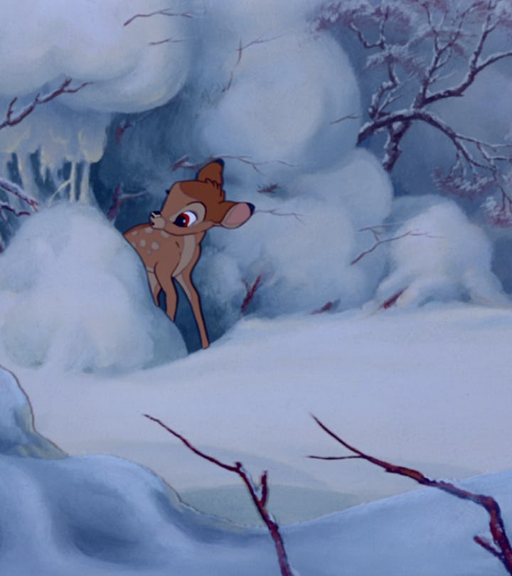 Bambi pokes his head out of his home to see snow.