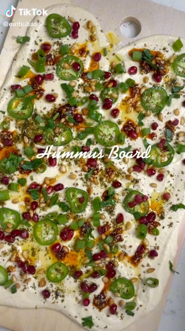 A jalapeno hummus board is a fall hummus board idea  from TikTok for game day or friendsgiving.