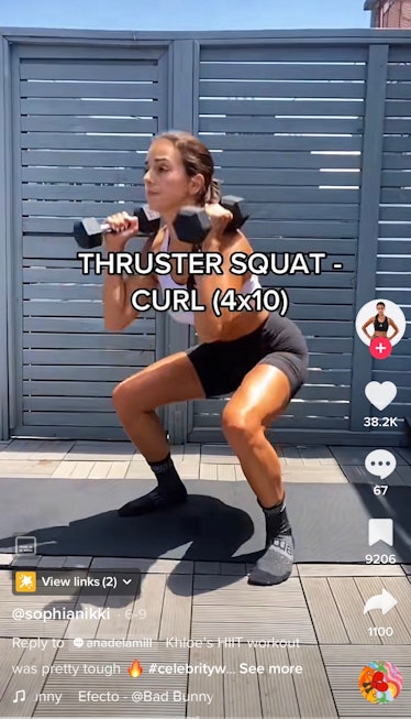 A TikToker shows off Khloe Kardashian's HIIT workout on TikTok, which includes thruster squats. 
