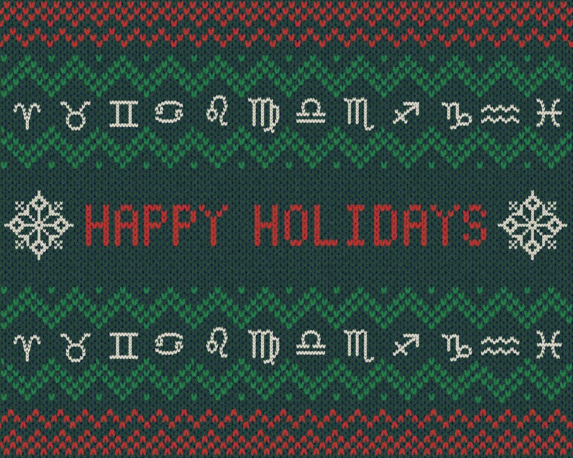 Happy holidays illustration on a green surface with the texture of a sweater with all zodiac sign sy...