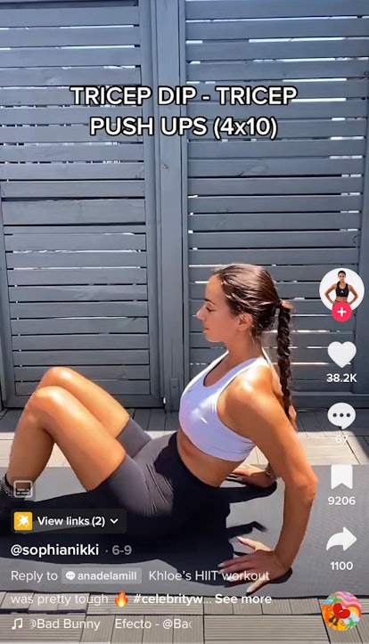 A TikToker shows off Khloe Kardashian's HIIT workout on TikTok with tricep dips. 