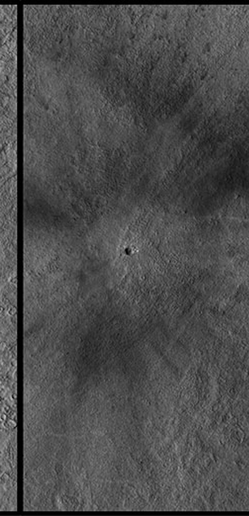 This meteoroid impact crater on Mars was discovered using the black-and-white Context Camera aboard ...