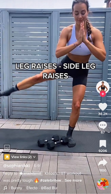 A TikToker shows Khloe Kardashian's HIIT workout on TikTok with leg raises. 