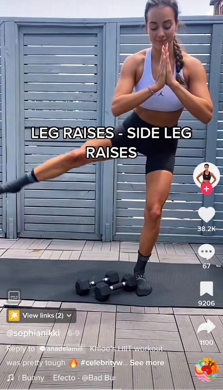 A TikToker shows Khloe Kardashian's HIIT workout on TikTok with leg raises. 