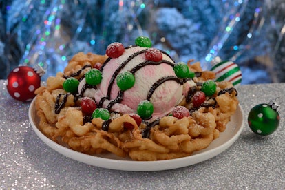 Disney's Mickey's Very Merry Christmas Party 2022 food guide includes a Funnel Cake Sundae.