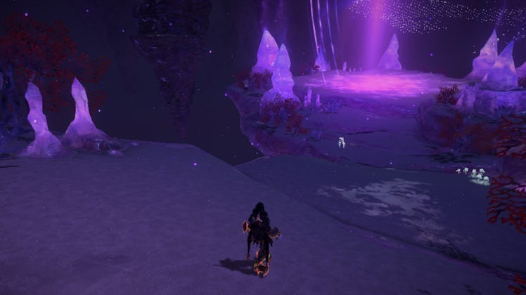 Bayonetta standing in front of glowing purple teleporter