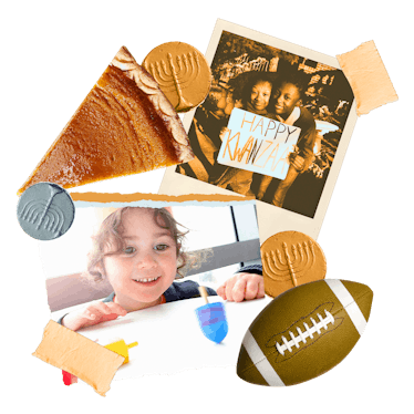 A picture of a boy, a family with a sign "Happy Kwanzaa", a rugby ball, Hanukkah Menorah stamps, and...