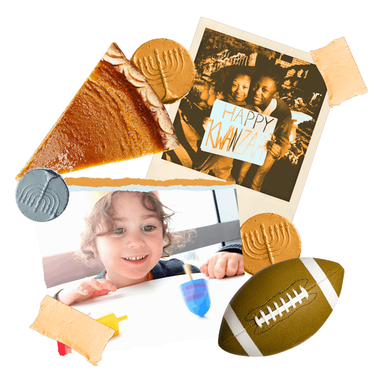A picture of a boy, a family with a sign "Happy Kwanzaa", a rugby ball, Hanukkah Menorah stamps, and...