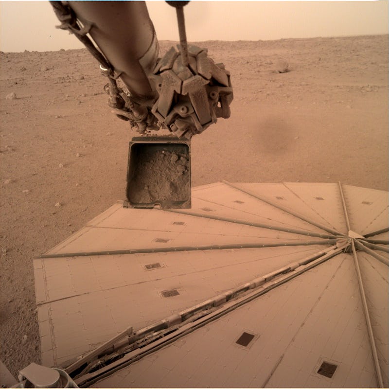 Mars InSight's dirt scoop and its solar panels in the background