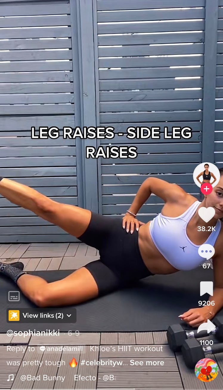 A TikToker shows off Khloe Kardashian's HIIT workout on TikTok with side leg raises. 