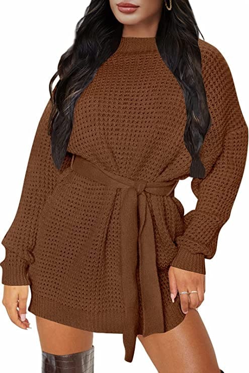 ZESICA Waffle Knitted Tie Waist Tunic Sweater Dress