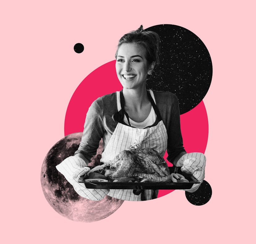 Young woman holding a turkey as she waits to hear her Thanksgiving 2022 horoscope, per her zodiac si...
