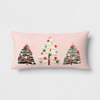 Embroidered Christmas Trees Lumbar Throw Pillow With Pom Poms