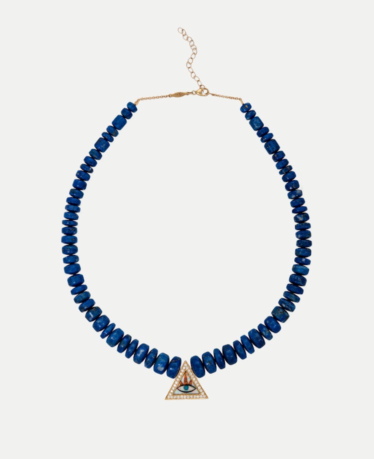 YG Pave Diamond Triangle Eye Lapis Beaded Necklace