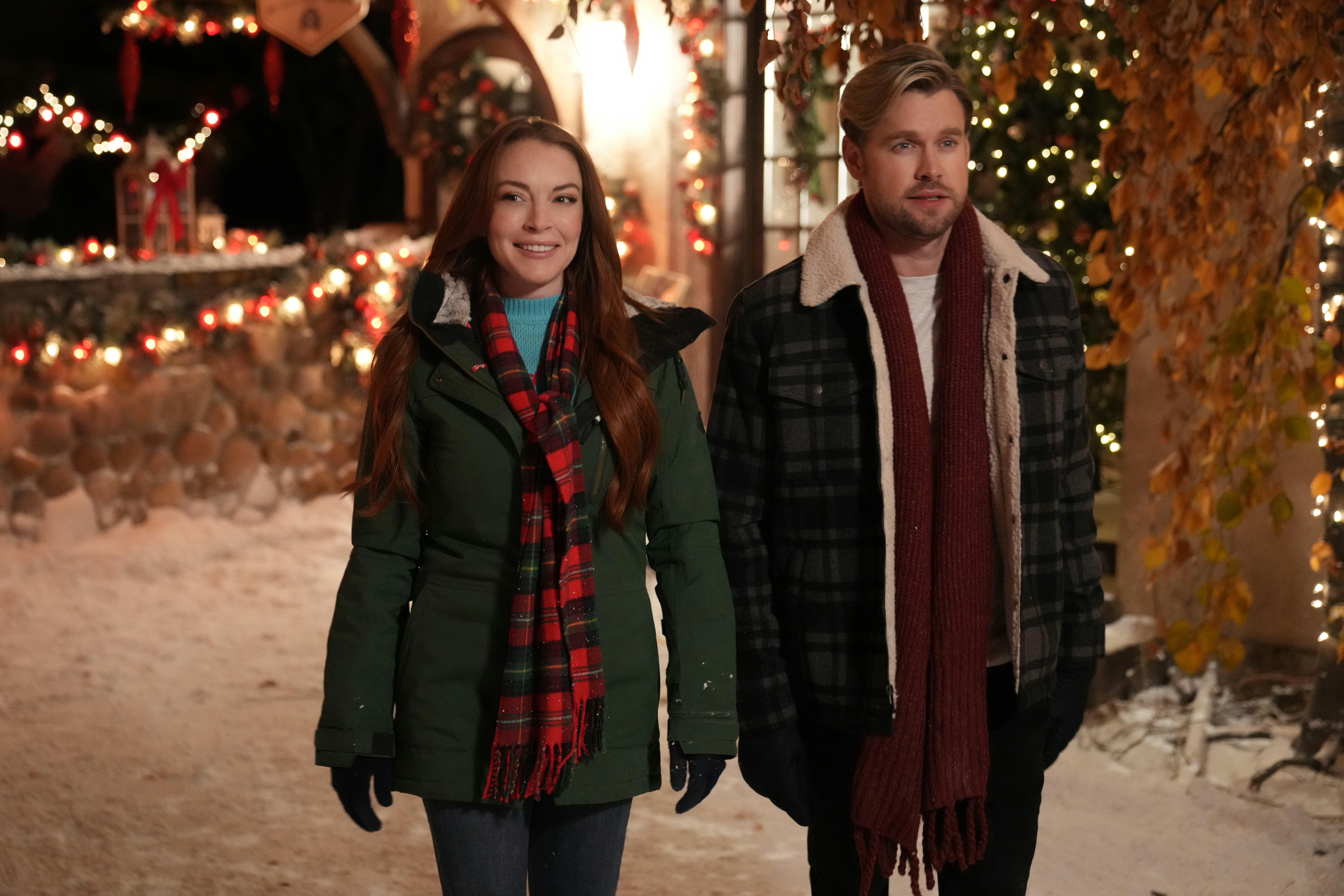 Lindsay Lohan as Sierra, Chord Overstreet as Jake in Christmas in Wonderland