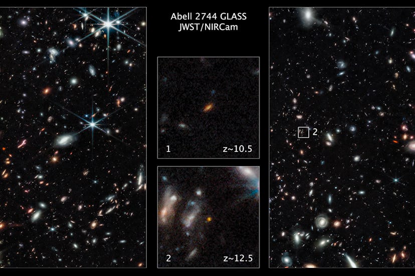 Two of the farthest galaxies seen to date are captured in these Webb Space Telescope pictures of the...