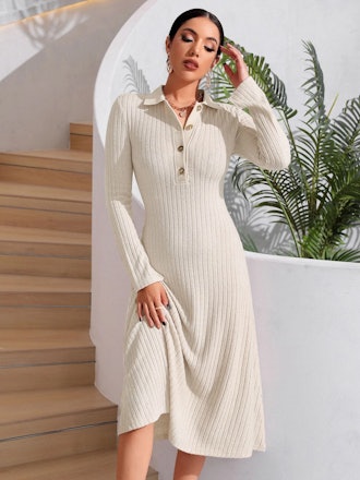 Ribbed Knit Button-Up Dress