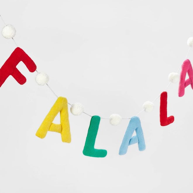 6' Fabric “Fa La La” Oversized Garland with White Poms