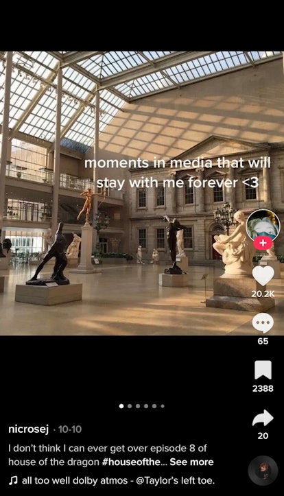 A TikToker shares the moments in media that stayed with them as a photo swipe trend on TikTok. 