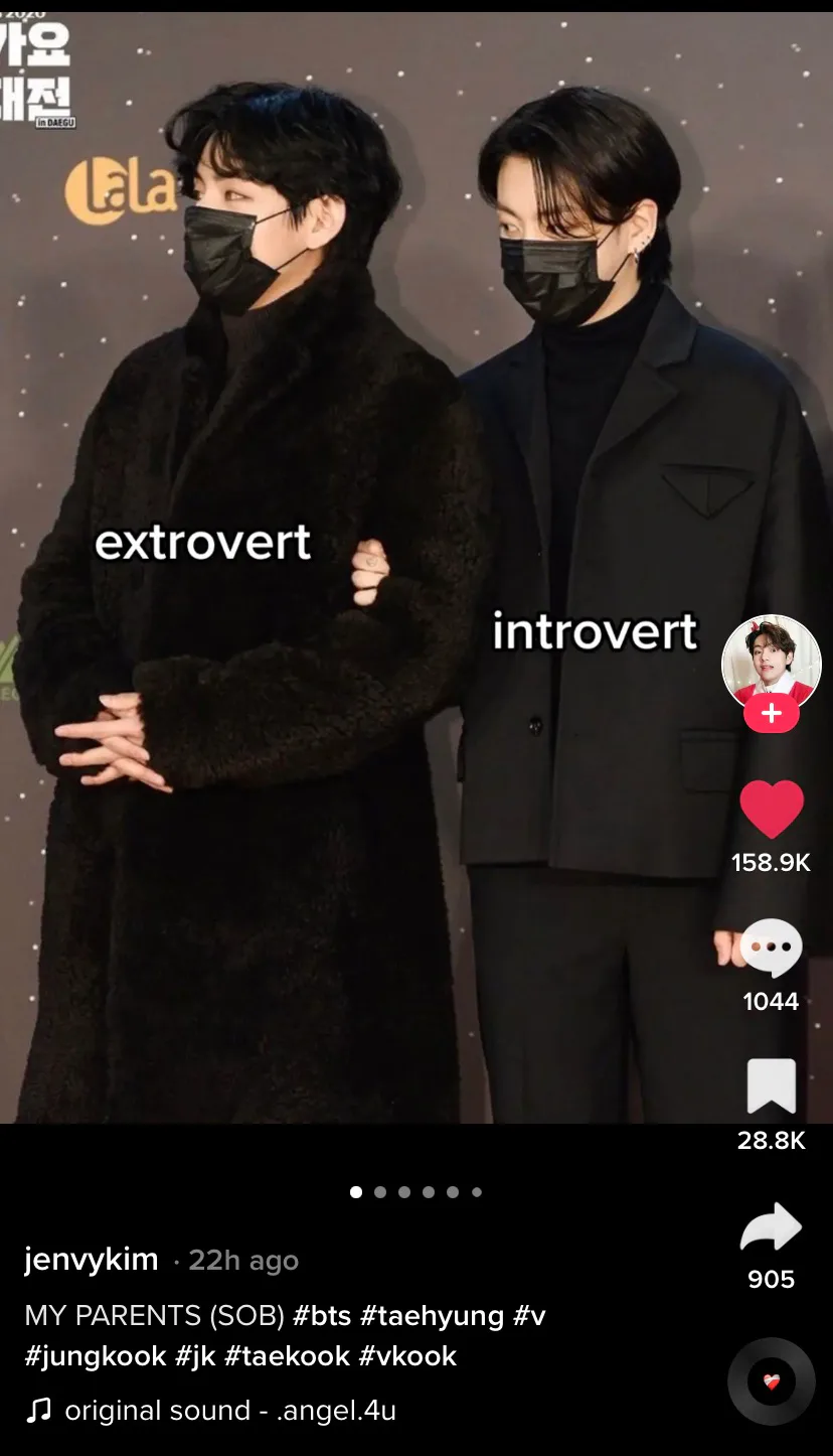 A TikToker shares photos of V and Jungkook from BTS as part of one of the swipe photo trends on TikT...
