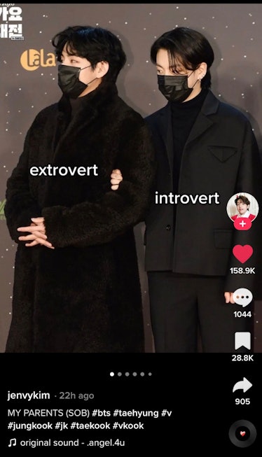 A TikToker shares photos of V and Jungkook from BTS as part of one of the swipe photo trends on TikT...