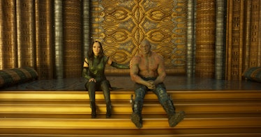Drax (Dave Bautista) and Mantis (Pom Klementieff) sitting together in Guardians of the Galaxy Vol. 2