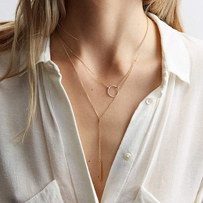Estendly Dainty Gold Layered Bar Moon Pendant Neckalce