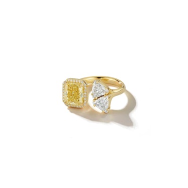 Jemma Wynne Bespoke Three Stone Radiant Canary and Diamond Trillion Open Ring