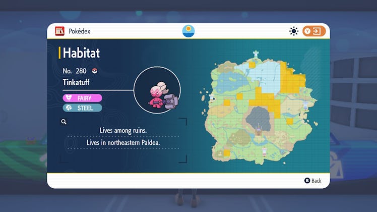 tinkatuff habitat map in scarlet and violet pokedex