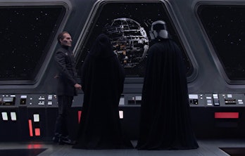 Tarkin, Palpatine, and Vader watch as the Death Star is built, 14 years before the events of Andor.