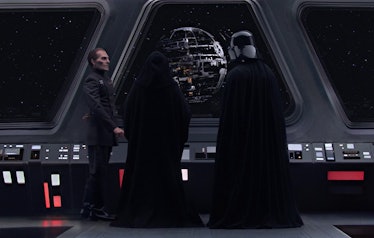Tarkin, Palpatine, and Vader watch as the Death Star is built, 14 years before the events of Andor.